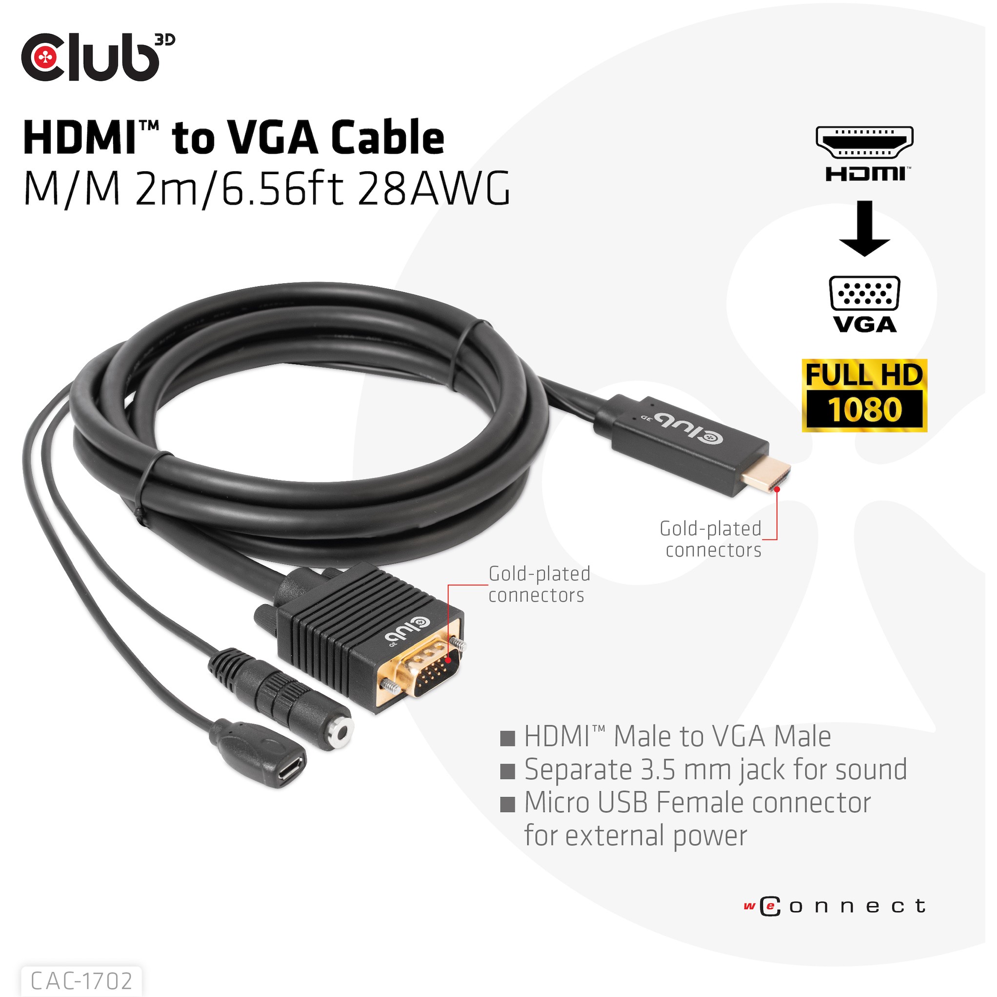 CLUB3D HDMI to VGA Cable M/M 2m/6.56ft 28AWG