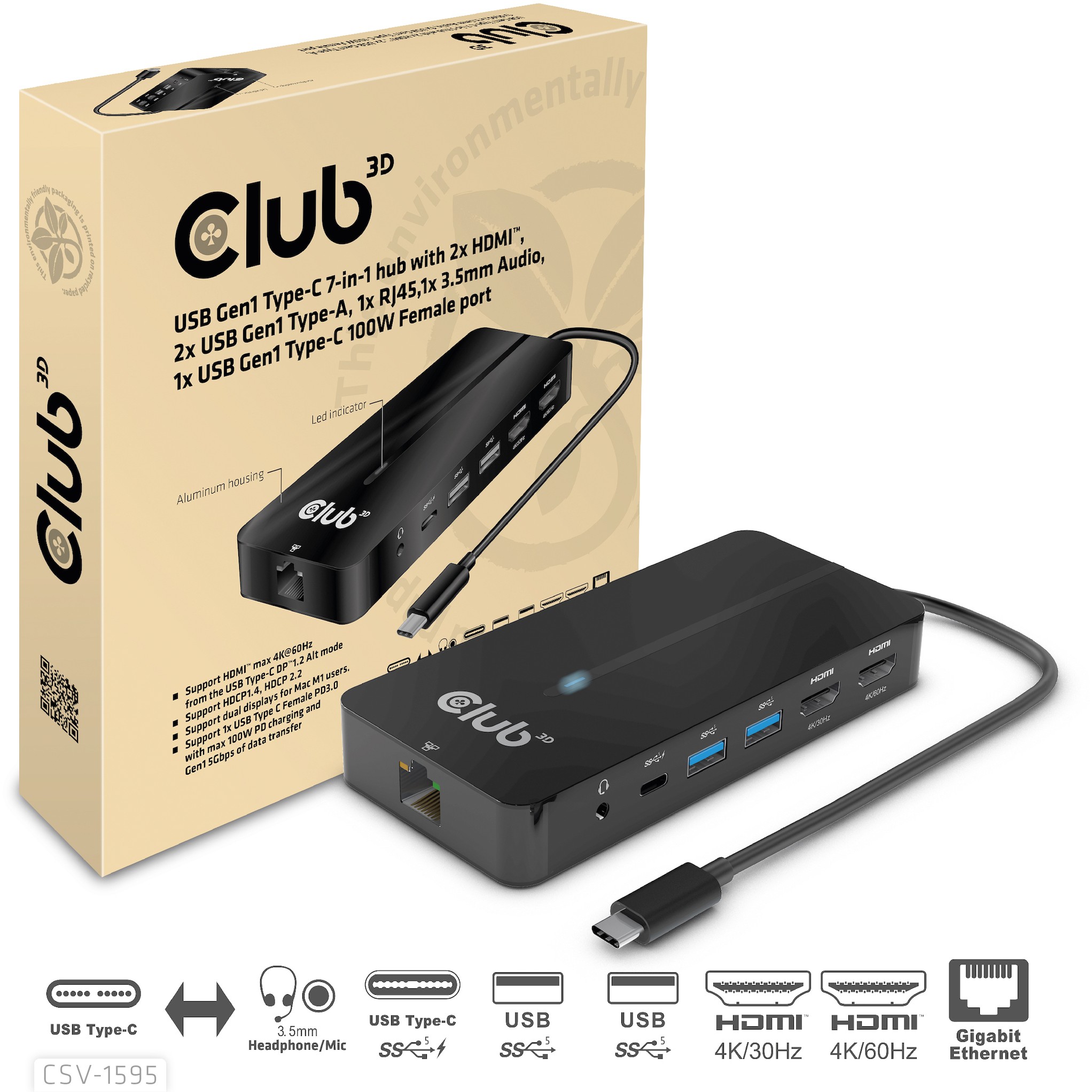 CLUB3D USB Gen1 Type-C 7-in-1 hub with 2x HDMI, 2x USB Gen1 Type-A, 1x RJ45, 1x 3.5mm Audio, 1x USB Gen1 Type-C 100W Female port