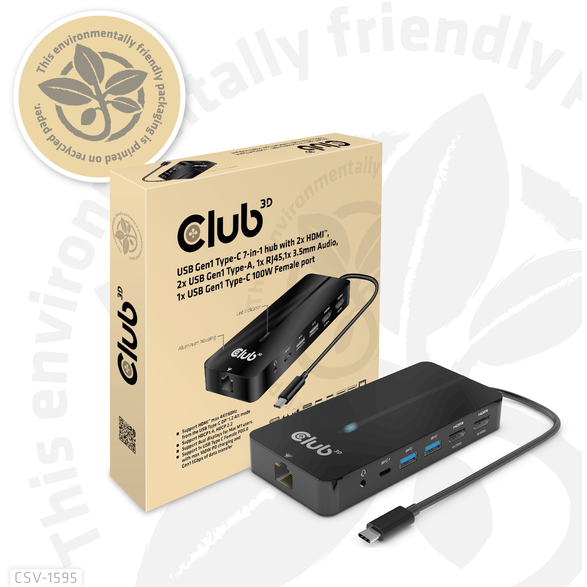CLUB3D USB Gen1 Type-C 7-in-1 hub with 2x HDMI, 2x USB Gen1 Type-A, 1x RJ45, 1x 3.5mm Audio, 1x USB Gen1 Type-C 100W Female port