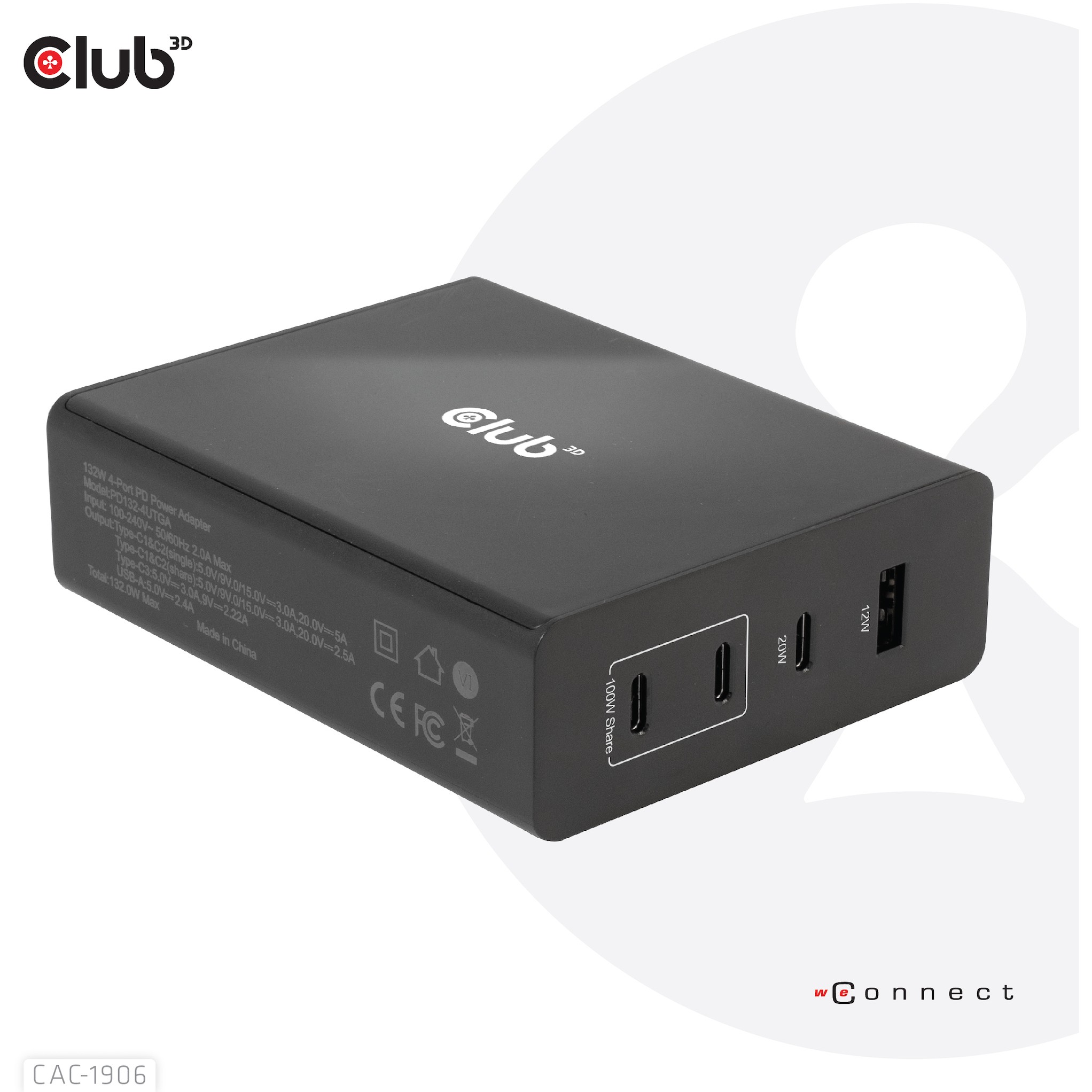 CLUB3D Travel Charger 132W GAN technology, Four port USB Type-A and -C, Power Delivery(PD) 3.0 Support