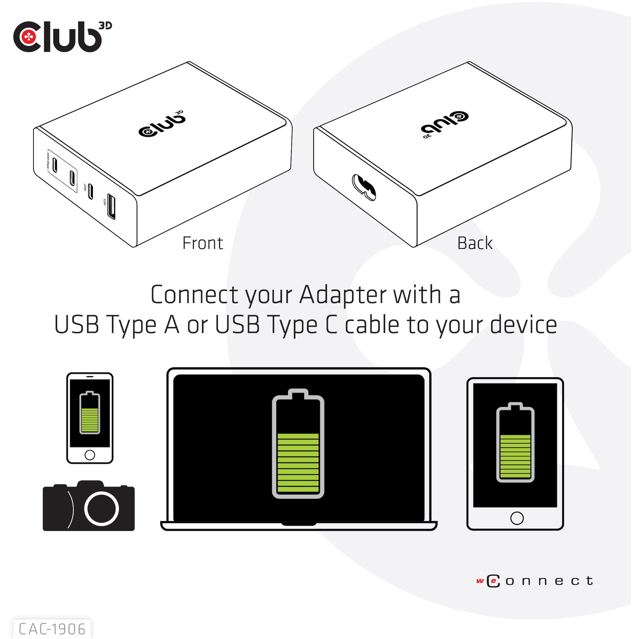 CLUB3D Travel Charger 132W GAN technology, Four port USB Type-A and -C, Power Delivery(PD) 3.0 Support