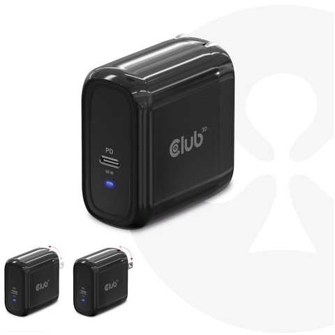 CLUB3D Travel Charger 65W GAN technology, Single port USB Type-C, Power Delivery(PD) 3.0 Support