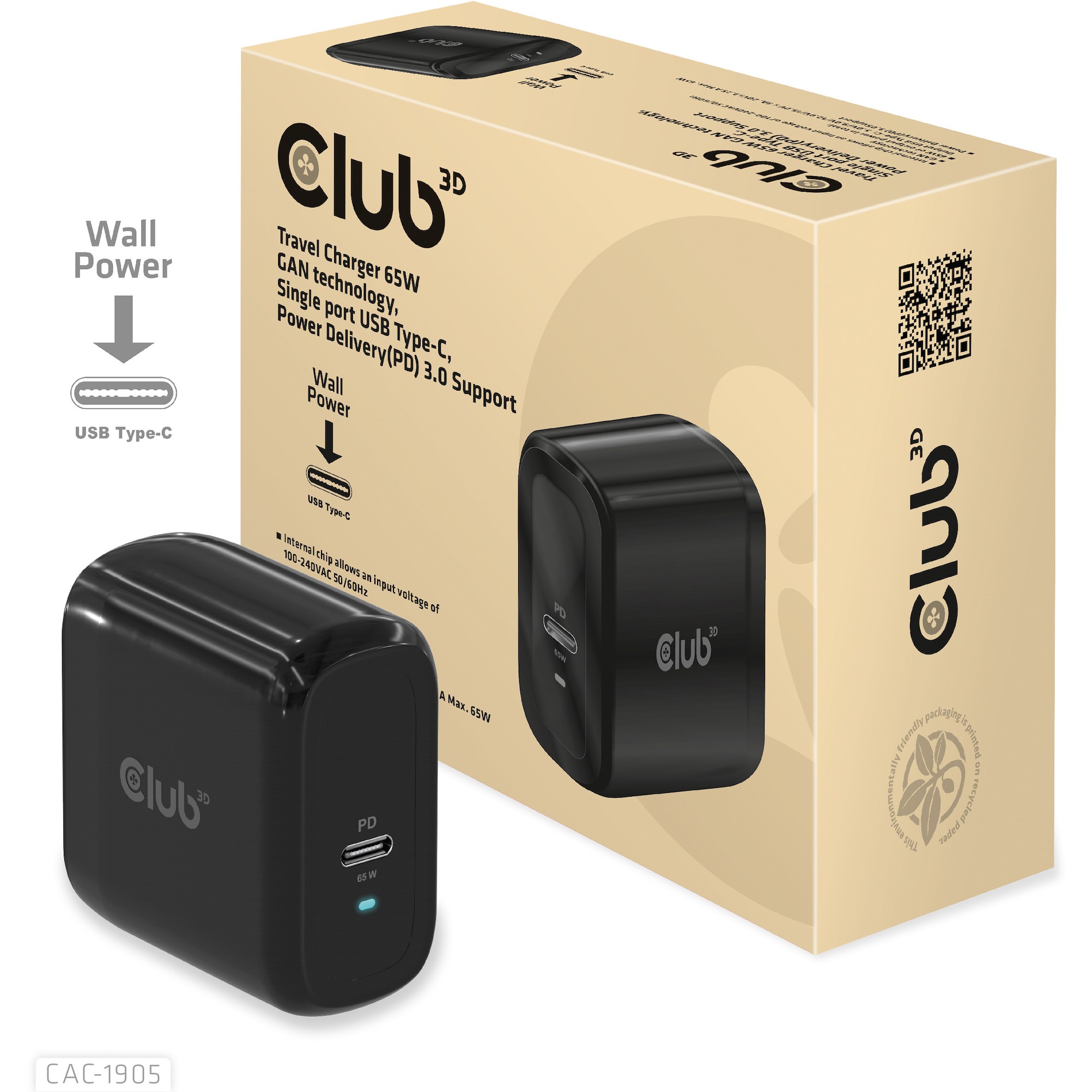 CLUB3D Travel Charger 65W GAN technology, Single port USB Type-C, Power Delivery(PD) 3.0 Support