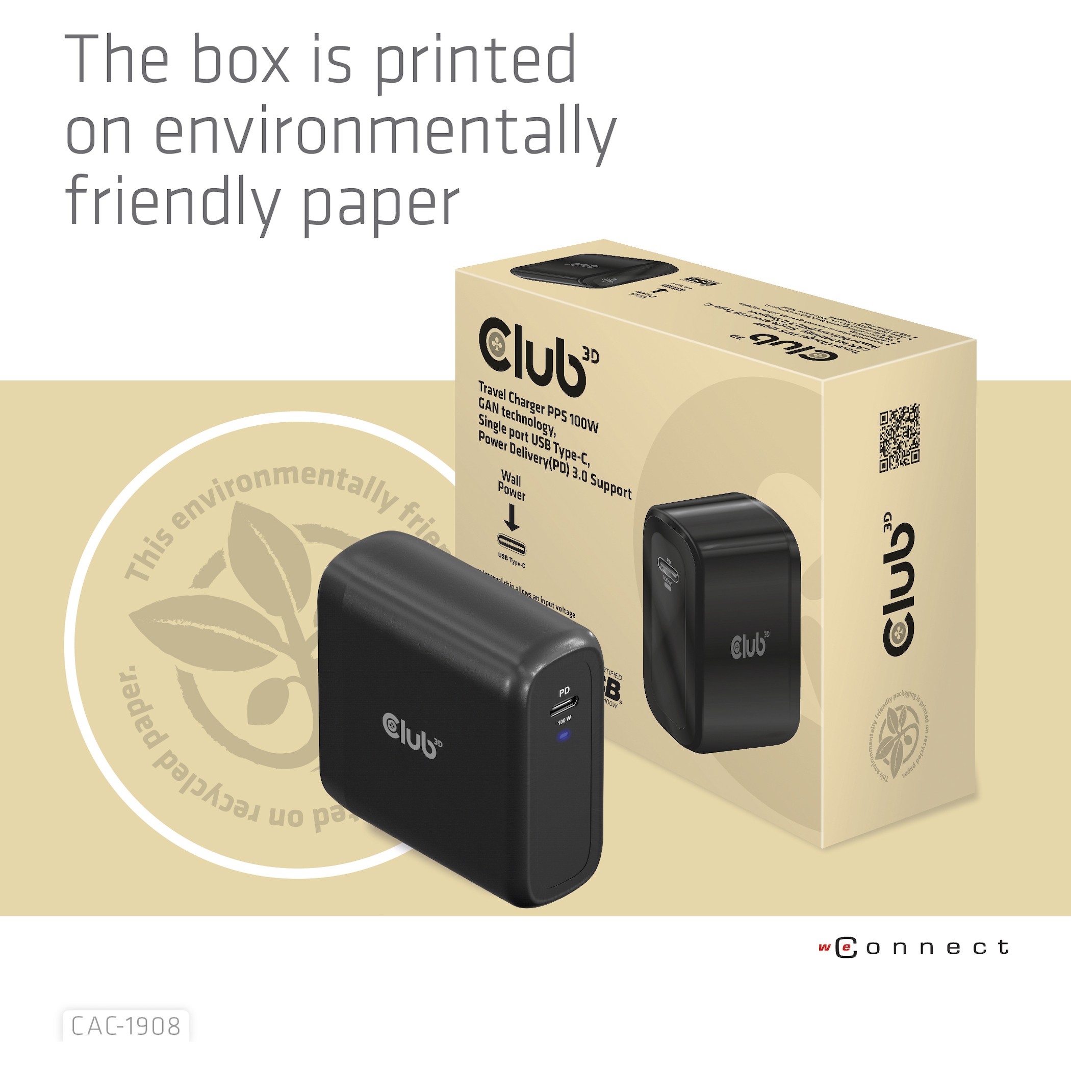 CLUB3D Reiseladegerät 100 Watt GAN-Technologie, USB-IF TID-zertifiziert, Einzelanschluss USB Typ-C, Power Delivery (PD) 3.0-Unterstützung