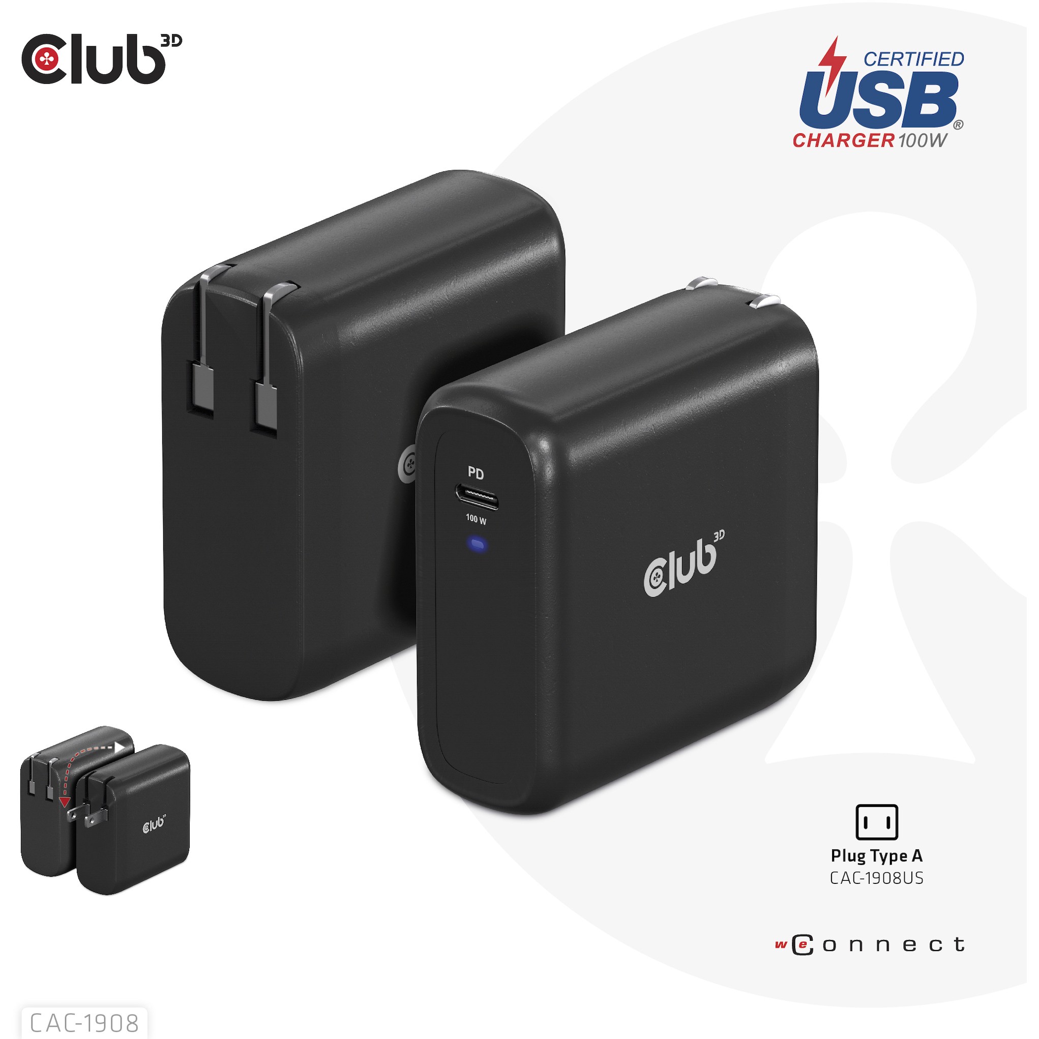 CLUB3D Reiseladegerät 100 Watt GAN-Technologie, USB-IF TID-zertifiziert, Einzelanschluss USB Typ-C, Power Delivery (PD) 3.0-Unterstützung