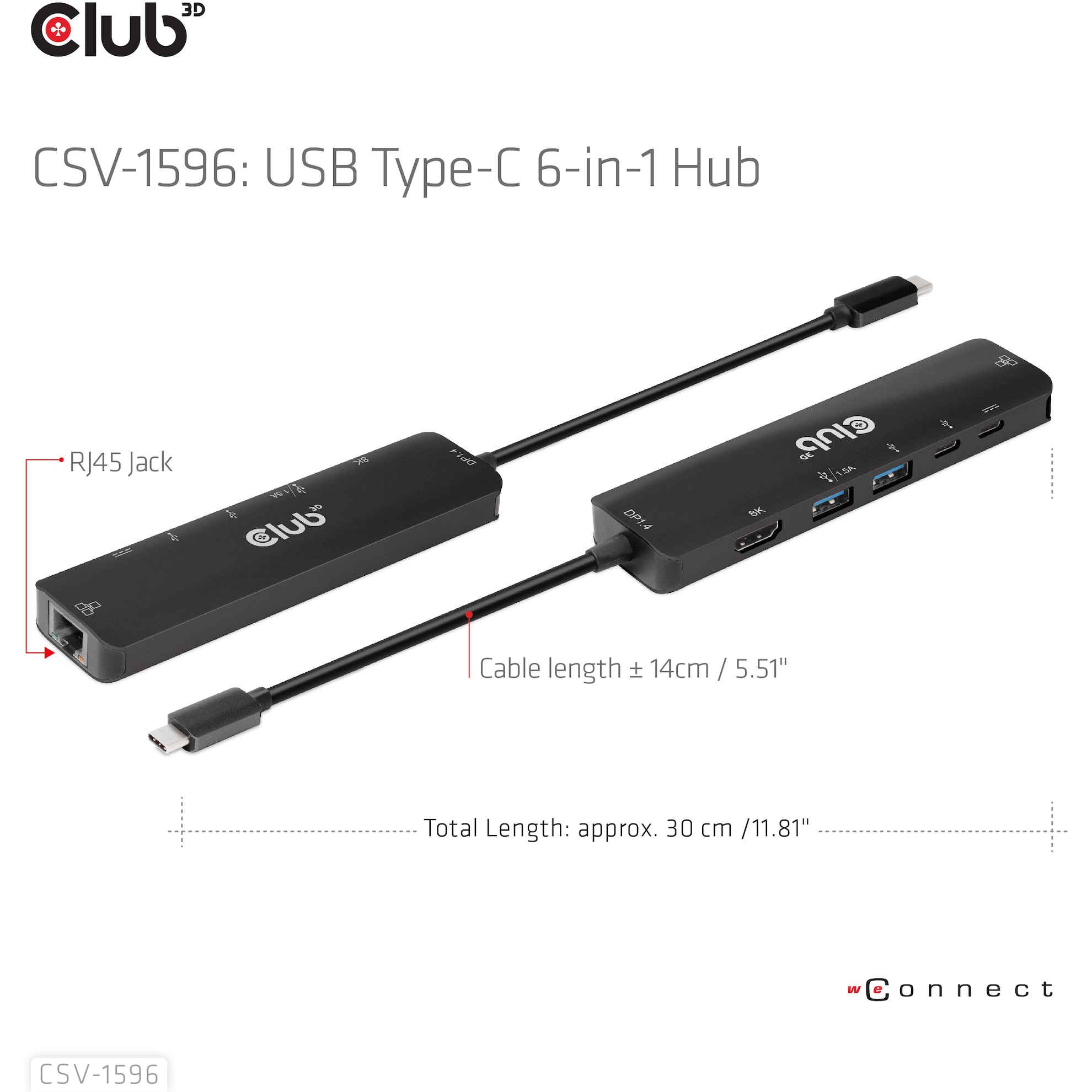 CLUB3D USB Gen1 Type-C, 6-in-1 Hub with HDMI 8K30Hz, 2xUSB Type-A, RJ45 and 2xUSB Type-C, Data and PD charging 100 watt