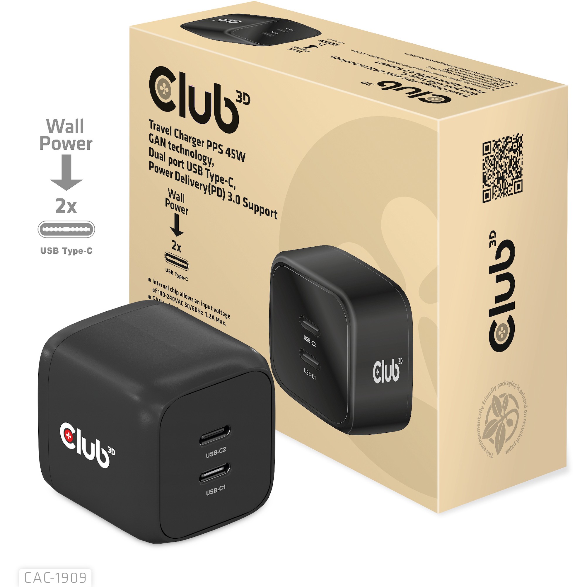 CLUB3D Travel Charger PPS 45W GAN technology, Dual port USB Type-C, Power Delivery(PD) 3.0 Support