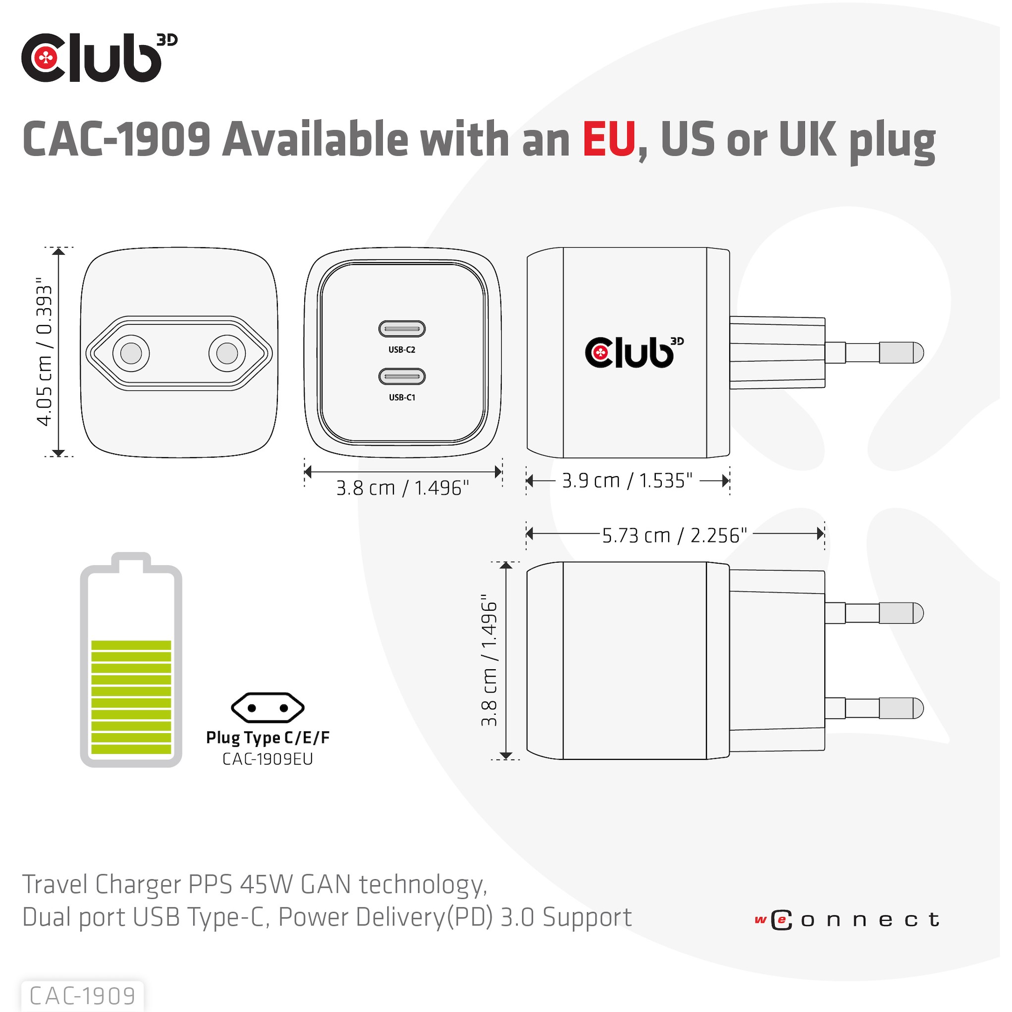 CLUB3D Travel Charger PPS 45W GAN technology, Dual port USB Type-C, Power Delivery(PD) 3.0 Support