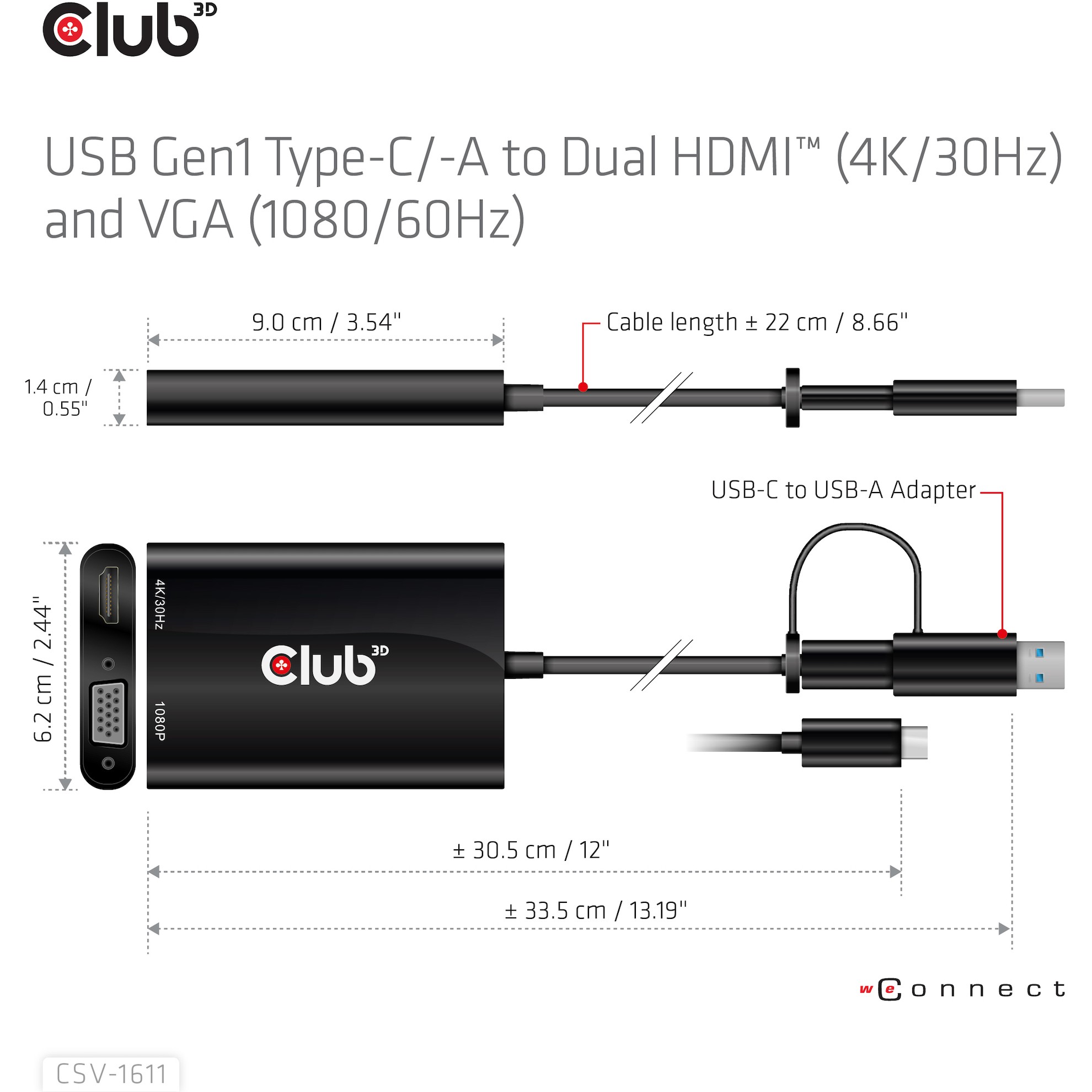 CLUB3D USB Gen1 Type-C/-A to Dual HDMI (4K/30Hz) / VGA (1080/60Hz)