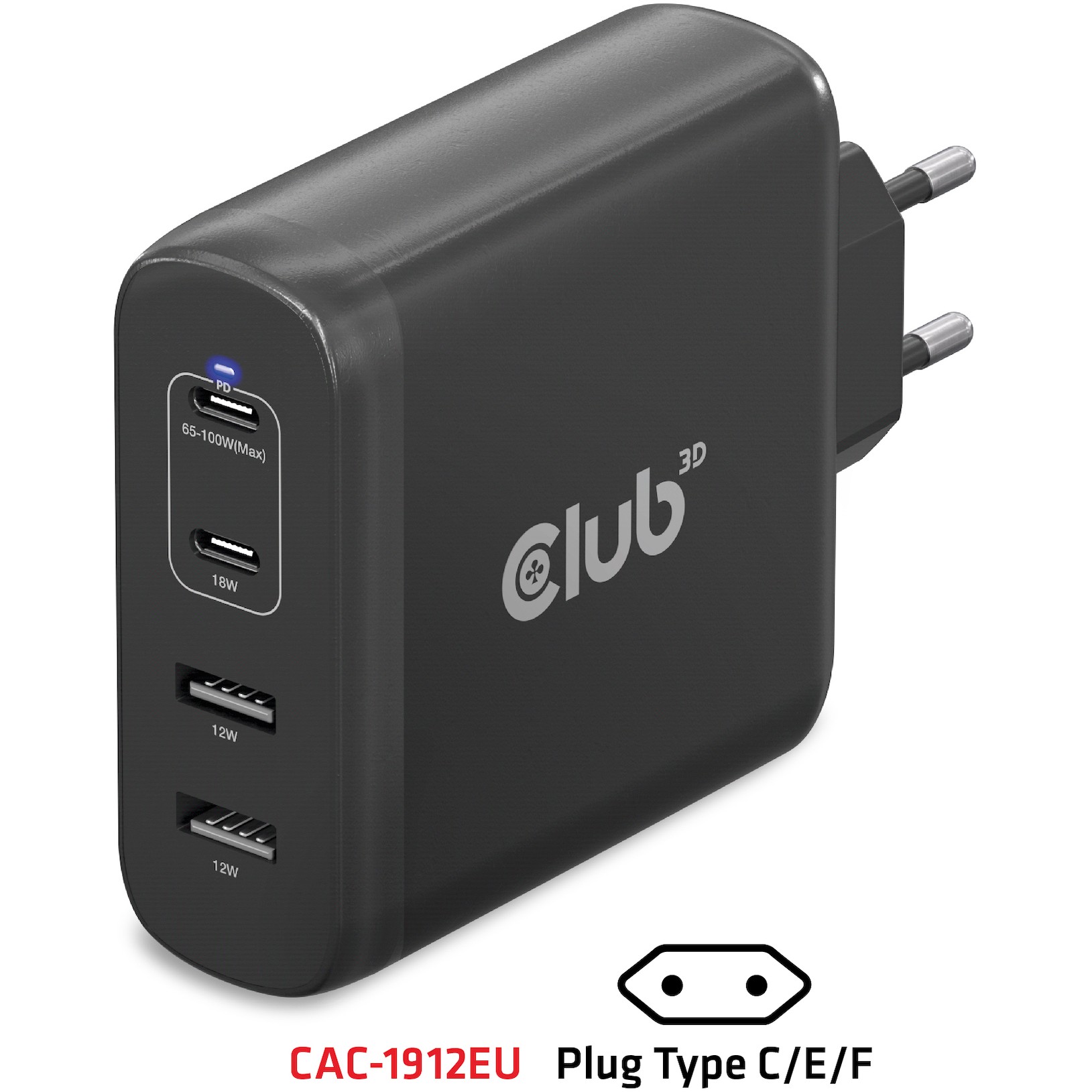 CLUB3D Travel Charger 100W GaN technology, Four port USB Type-A(2x) and -C(2x), Power Delivery(PD) 3.0 Support