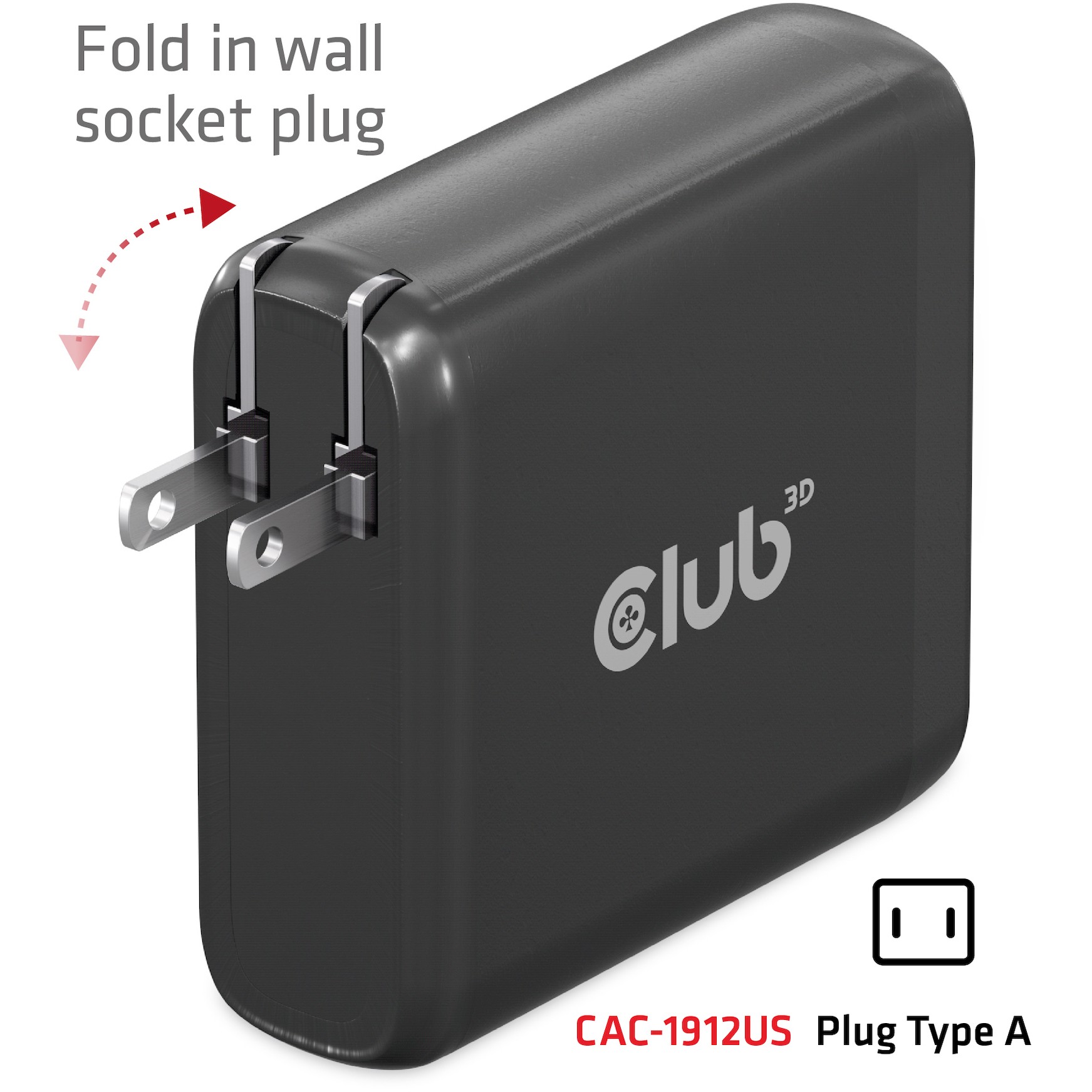 CLUB3D Travel Charger 100W GaN technology, Four port USB Type-A(2x) and -C(2x), Power Delivery(PD) 3.0 Support