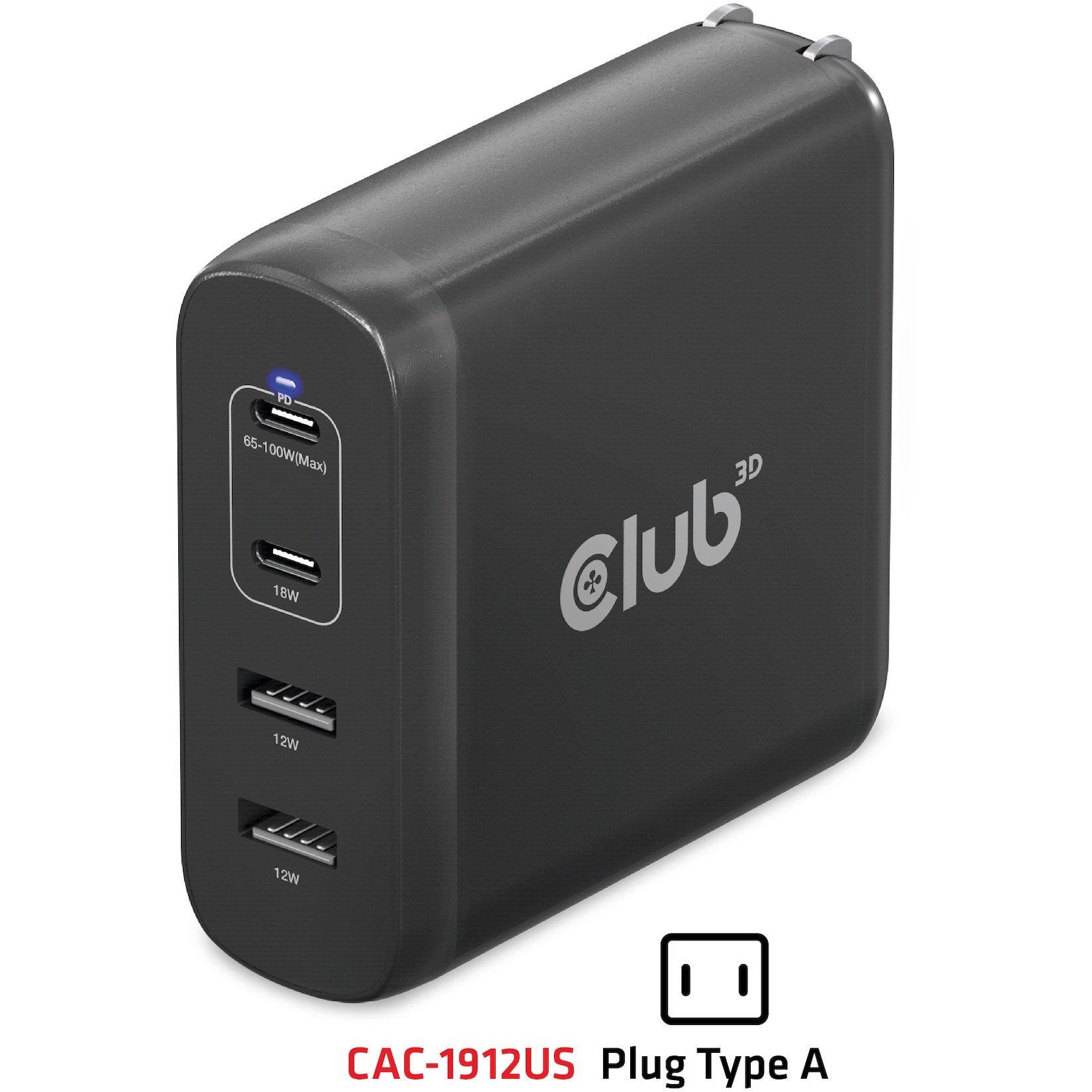 CLUB3D Travel Charger 100W GaN technology, Four port USB Type-A(2x) and -C(2x), Power Delivery(PD) 3.0 Support