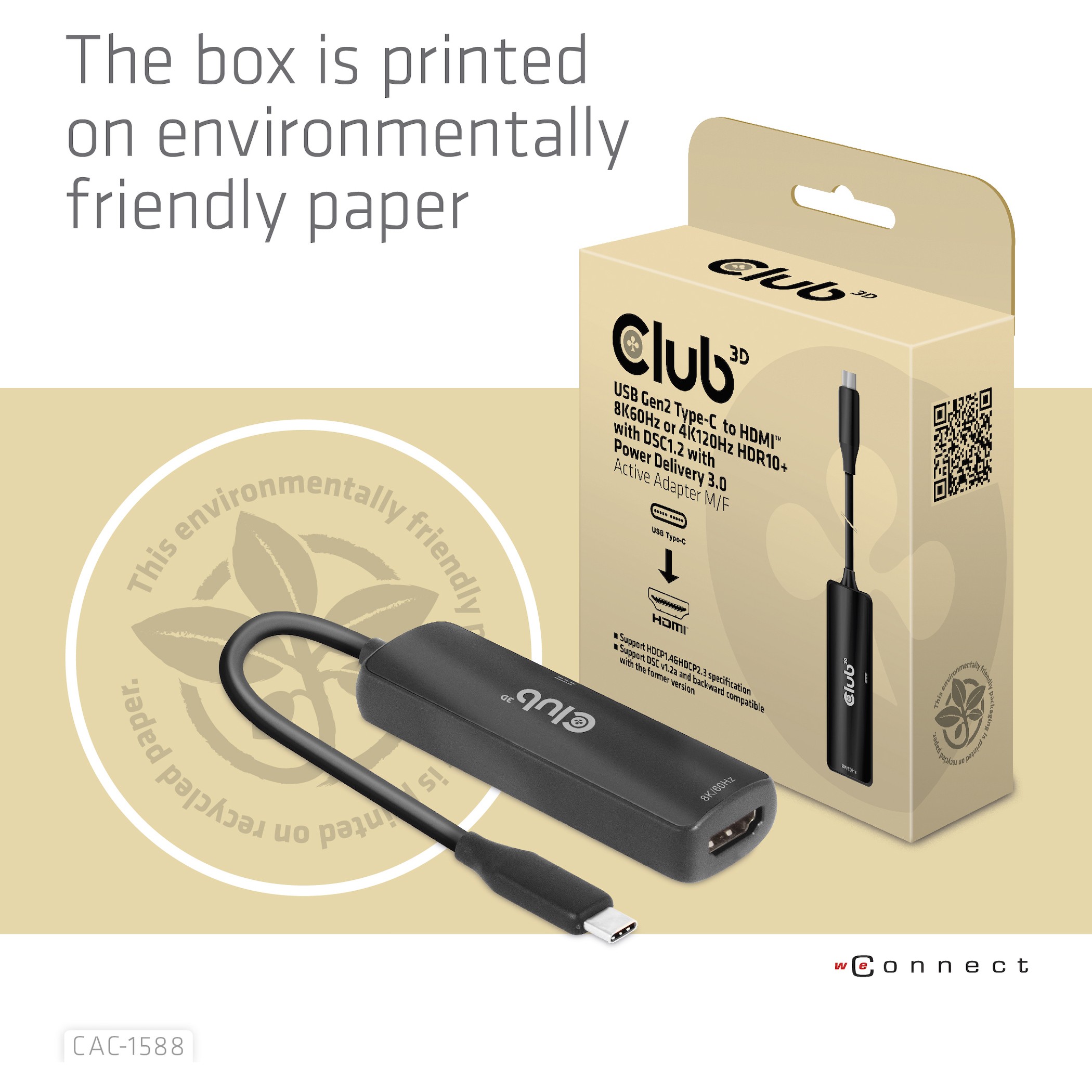 CLUB3D USB Gen2 Typ-C zu HDMI™ 8K60Hz oder 4K120Hz HDR10, DSC1.2, Power Delivery 3.0 Activ Adapter St./B.
