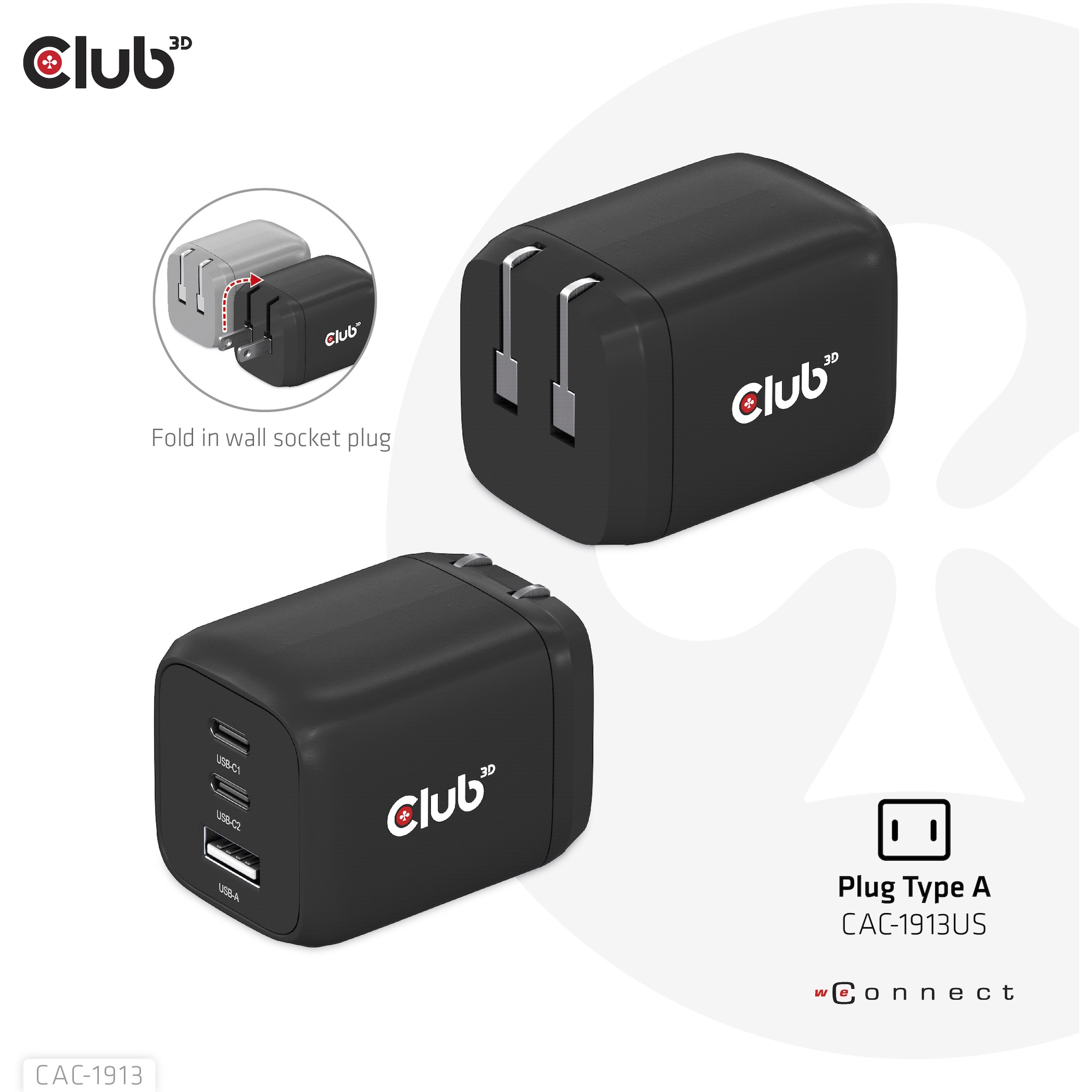 CLUB3D Reiseladegerät PPS 65Watt GAN-Technologie, Dreifachanschluss (2x USB Typ-C + USB Typ-A) Power Delivery (PD) 3.0 Unterstützung