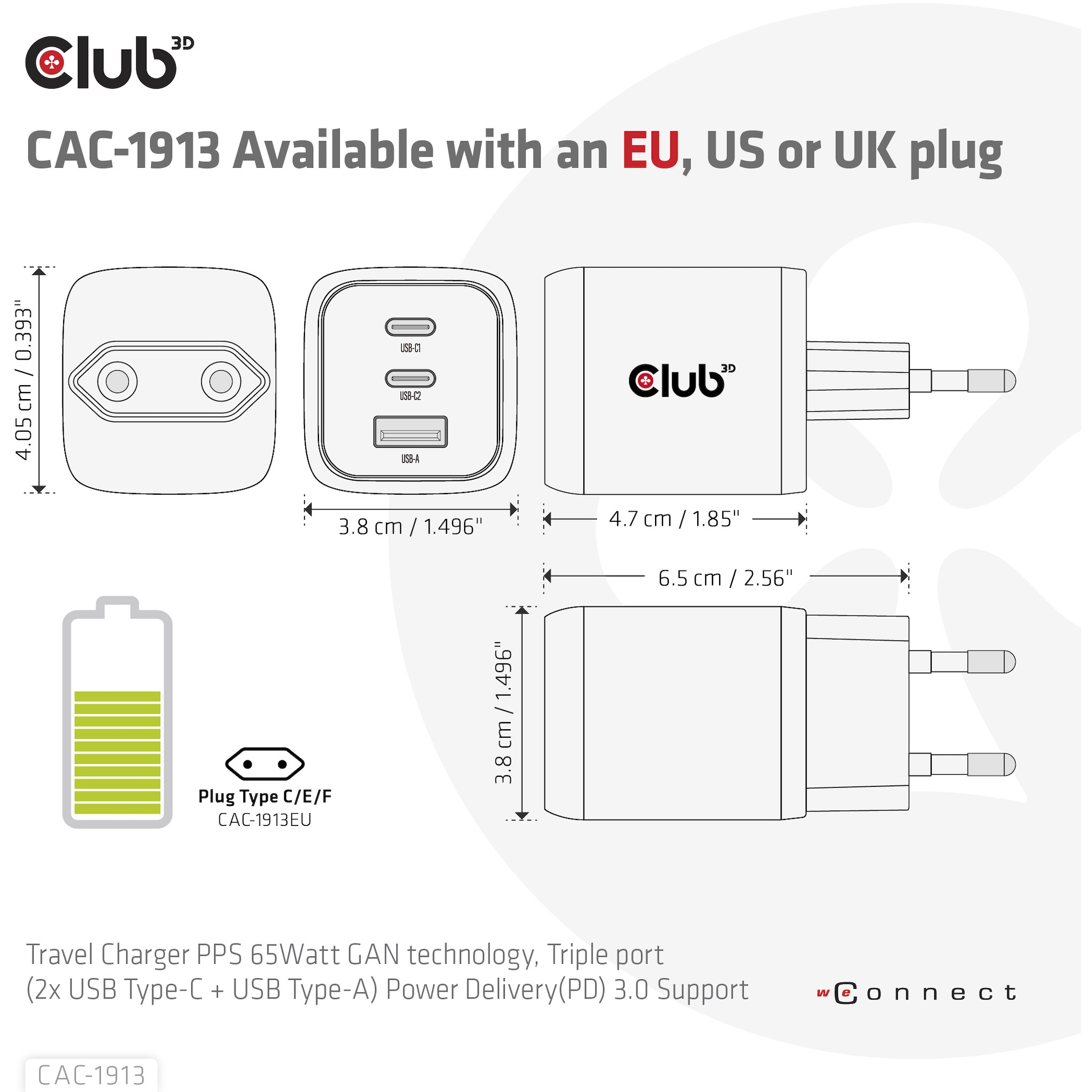 CLUB3D Reiseladegerät PPS 65Watt GAN-Technologie, Dreifachanschluss (2x USB Typ-C + USB Typ-A) Power Delivery (PD) 3.0 Unterstützung