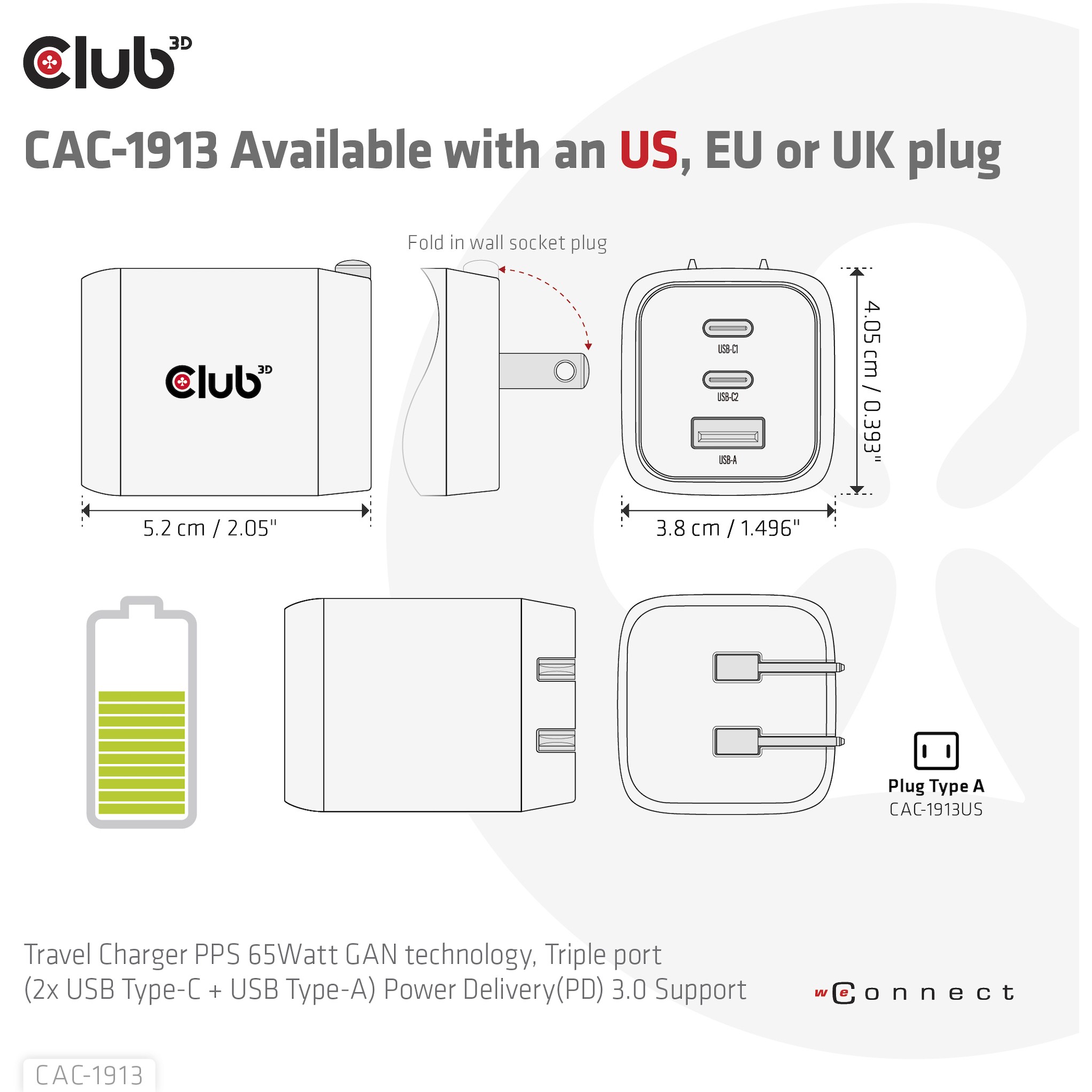CLUB3D Reiseladegerät PPS 65Watt GAN-Technologie, Dreifachanschluss (2x USB Typ-C + USB Typ-A) Power Delivery (PD) 3.0 Unterstützung