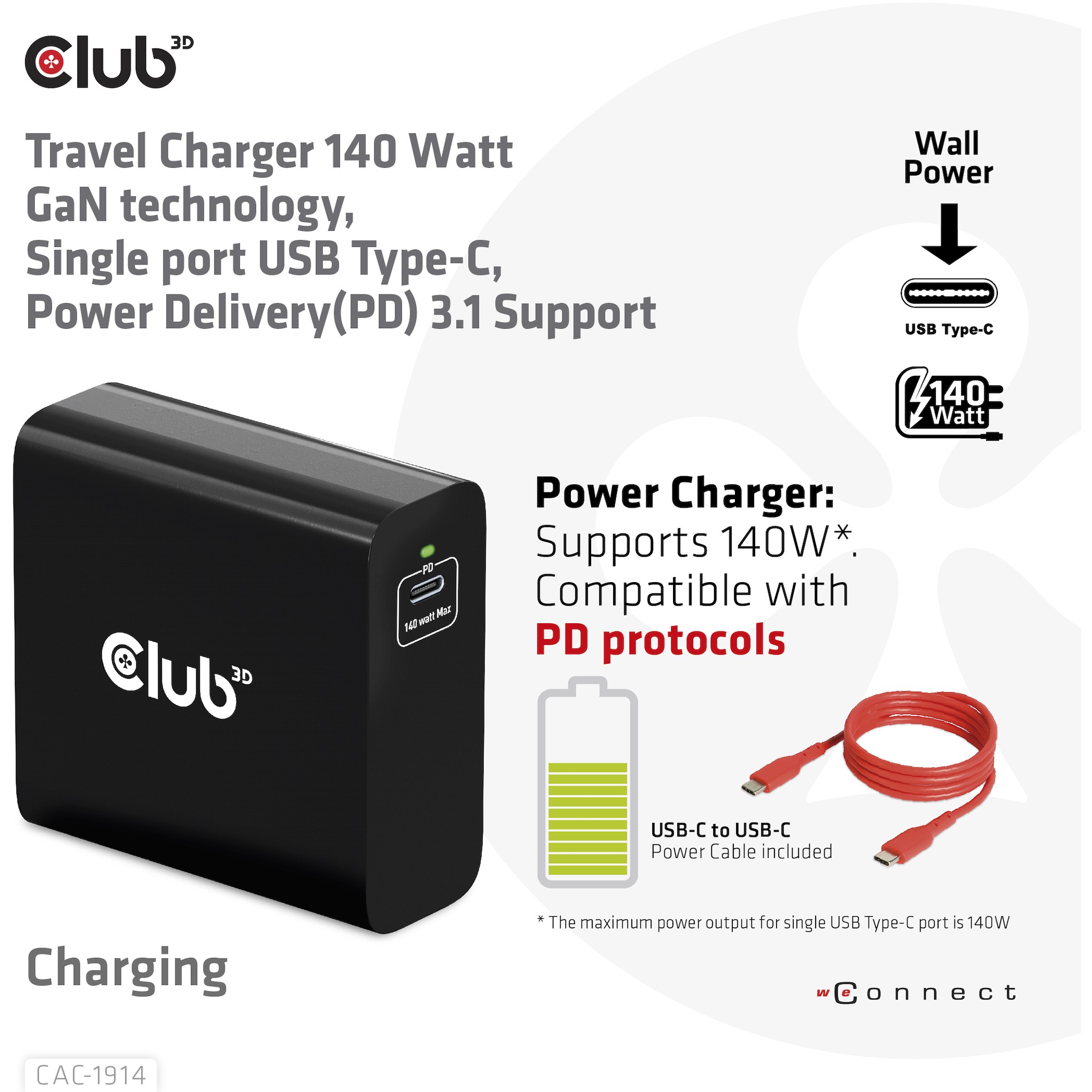 CLUB3D Ladegerät 140 Watt GaN-Technologie, Einzelanschluss USB Typ-C, Power Delivery (PD) 3.1 Unterstützung