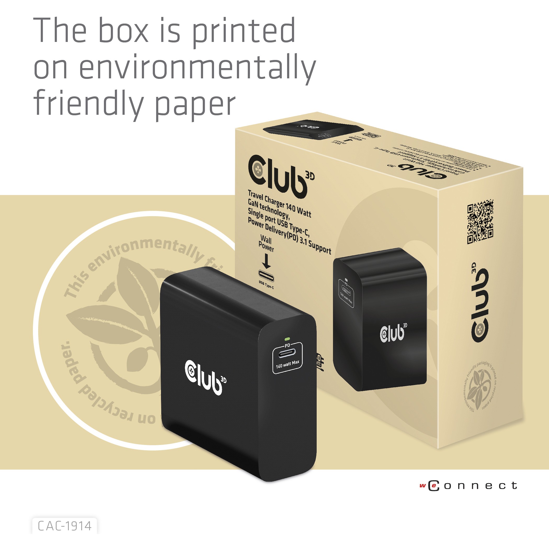 CLUB3D Ladegerät 140 Watt GaN-Technologie, Einzelanschluss USB Typ-C, Power Delivery (PD) 3.1 Unterstützung