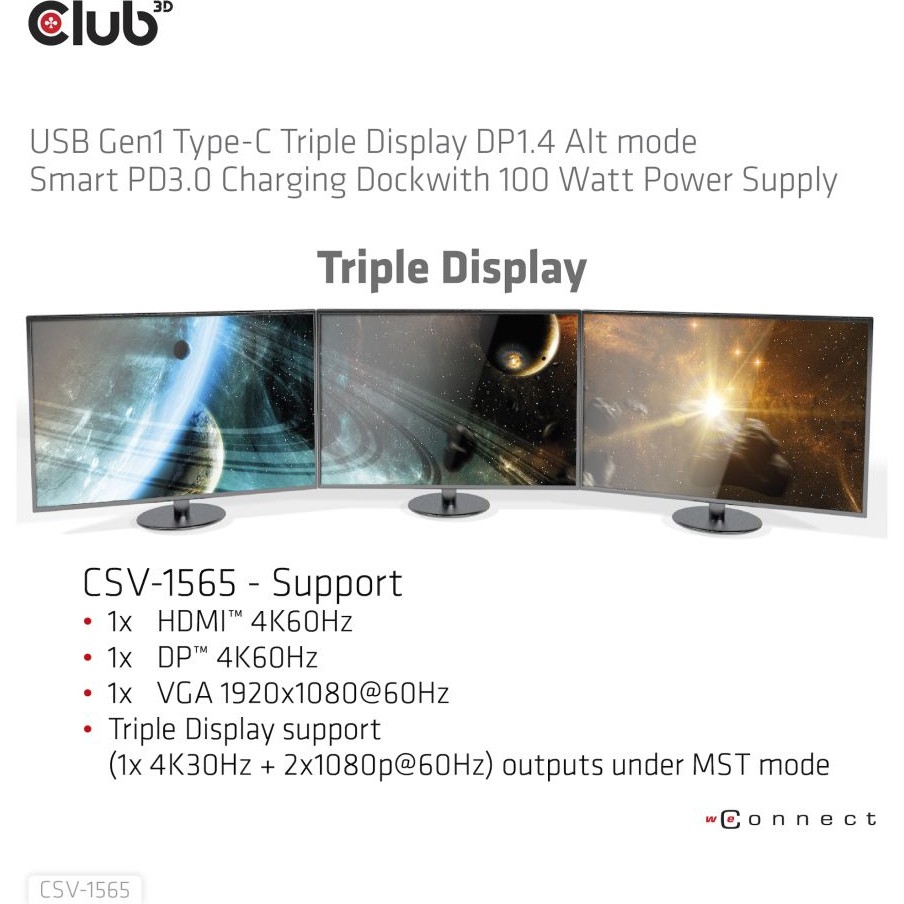 CLUB3D Dockingstation USB Gen1 Typ-C Dreifach-Display DP1.4 Alt-Modus Smart PD3.0 mit 100-Watt-Netzteil