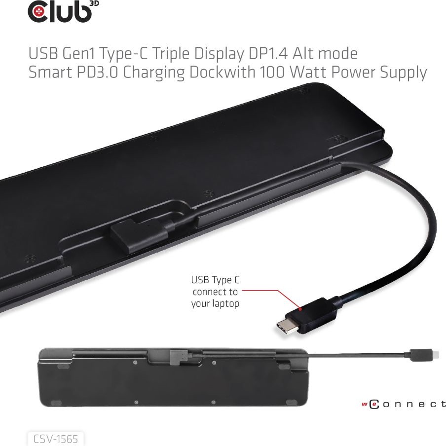 CLUB3D Dockingstation USB Gen1 Typ-C Dreifach-Display DP1.4 Alt-Modus Smart PD3.0 mit 100-Watt-Netzteil