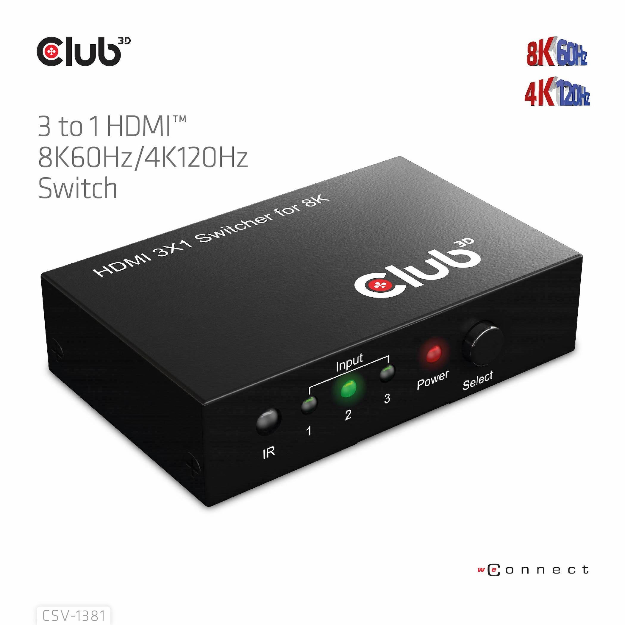 CLUB3D HDMI™ 3 auf 1 Umschalter 8K60Hz/4K120Hz Umschalter