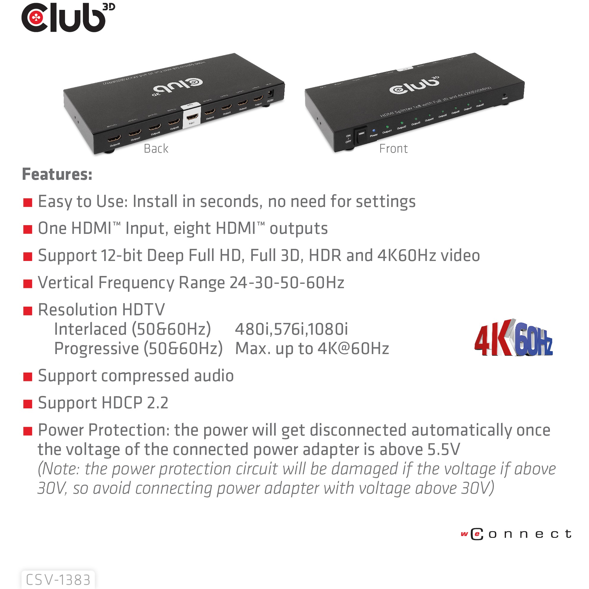CLUB3D 1 auf 8 HDMI™ Splitter Full 3D und 4K60Hz(600MHz)
