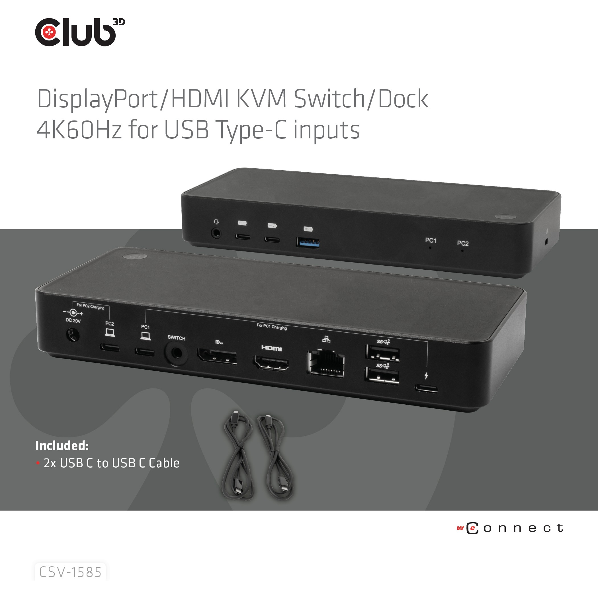CLUB3D DisplayPort™/HDMI™ KVM Switch/Dock 4K60Hz für USB Typ-C Eingänge