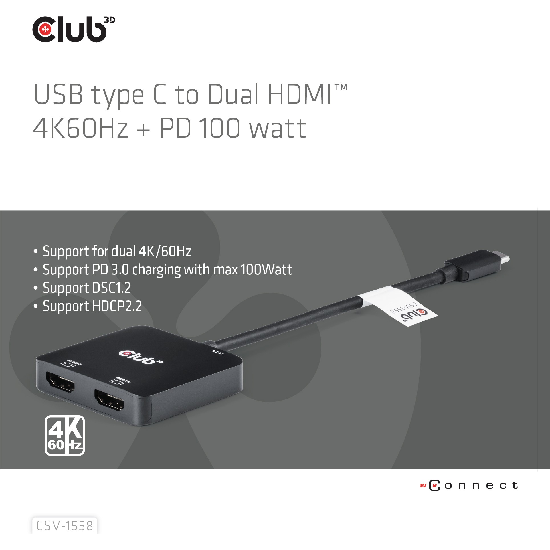 Club3D MST-Hub USB 3.2 Typ C > 2x HDMI 4K60Hz +100W PD St/Bu retail