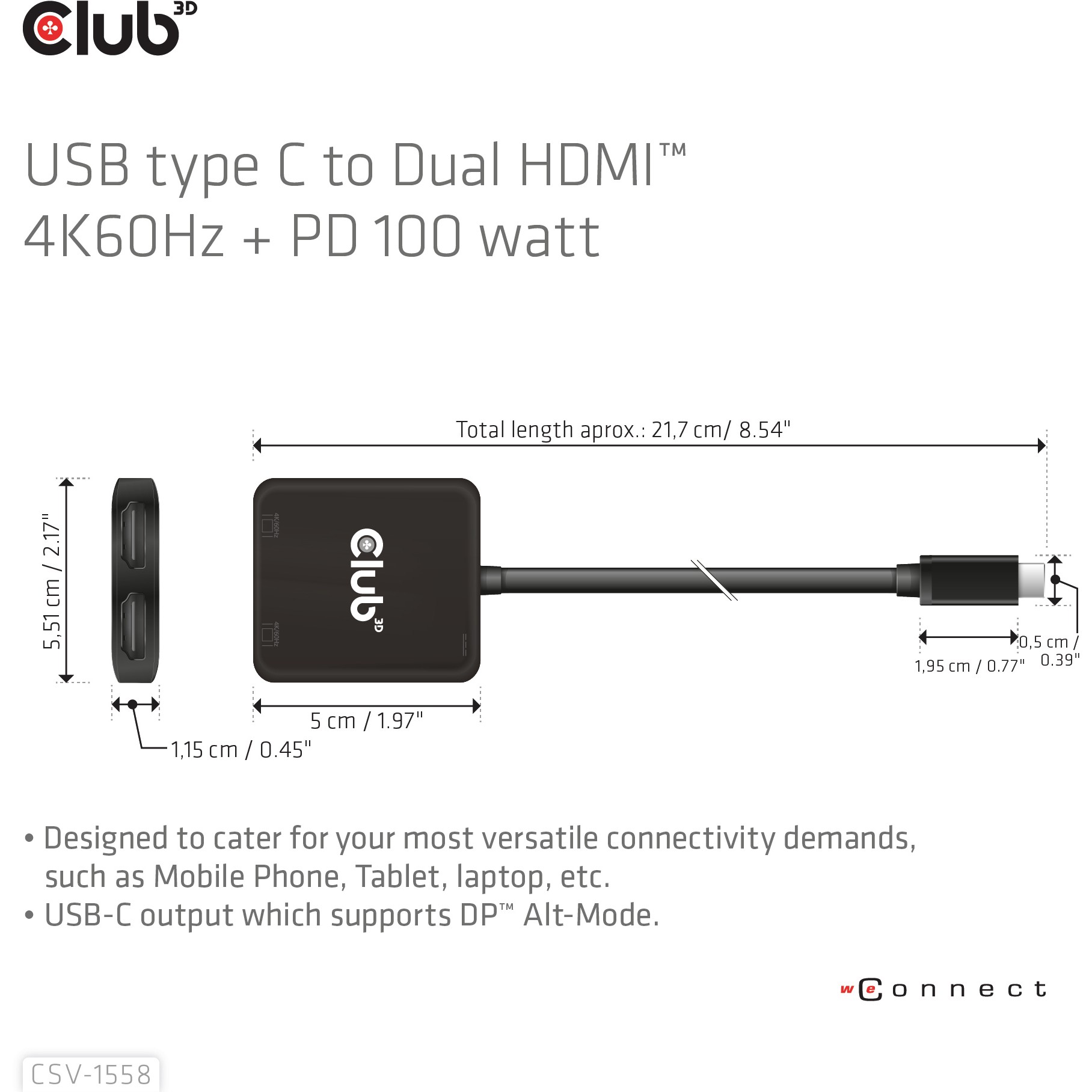 Club3D MST-Hub USB 3.2 Typ C > 2x HDMI 4K60Hz +100W PD St/Bu retail