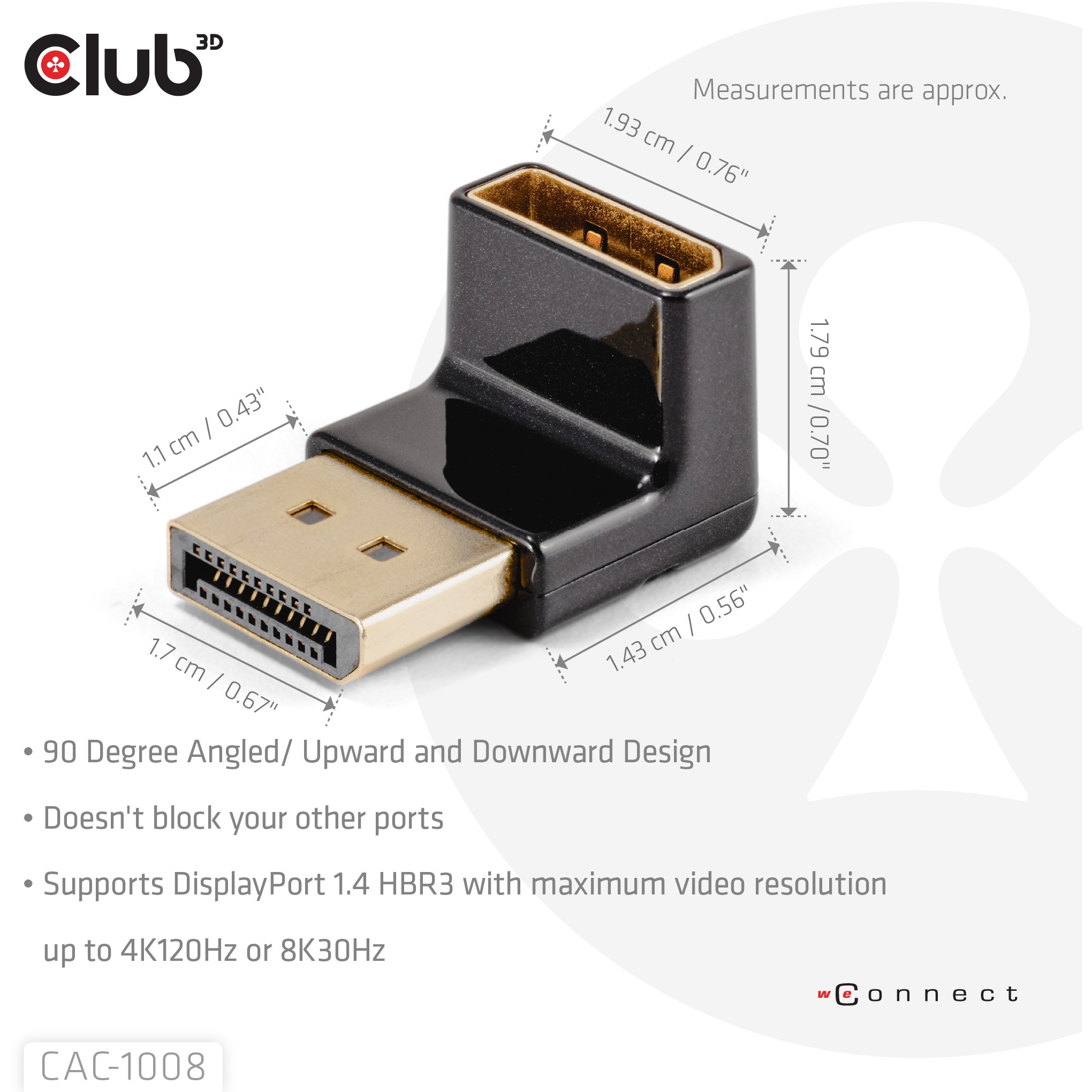 CLUB3D DISPLAYPORT MALE TO DISPLAYPORT 1.4 FEMALE 90 DEGREE ANGLED ADAPTER 4K120HZ M/F - Adapter