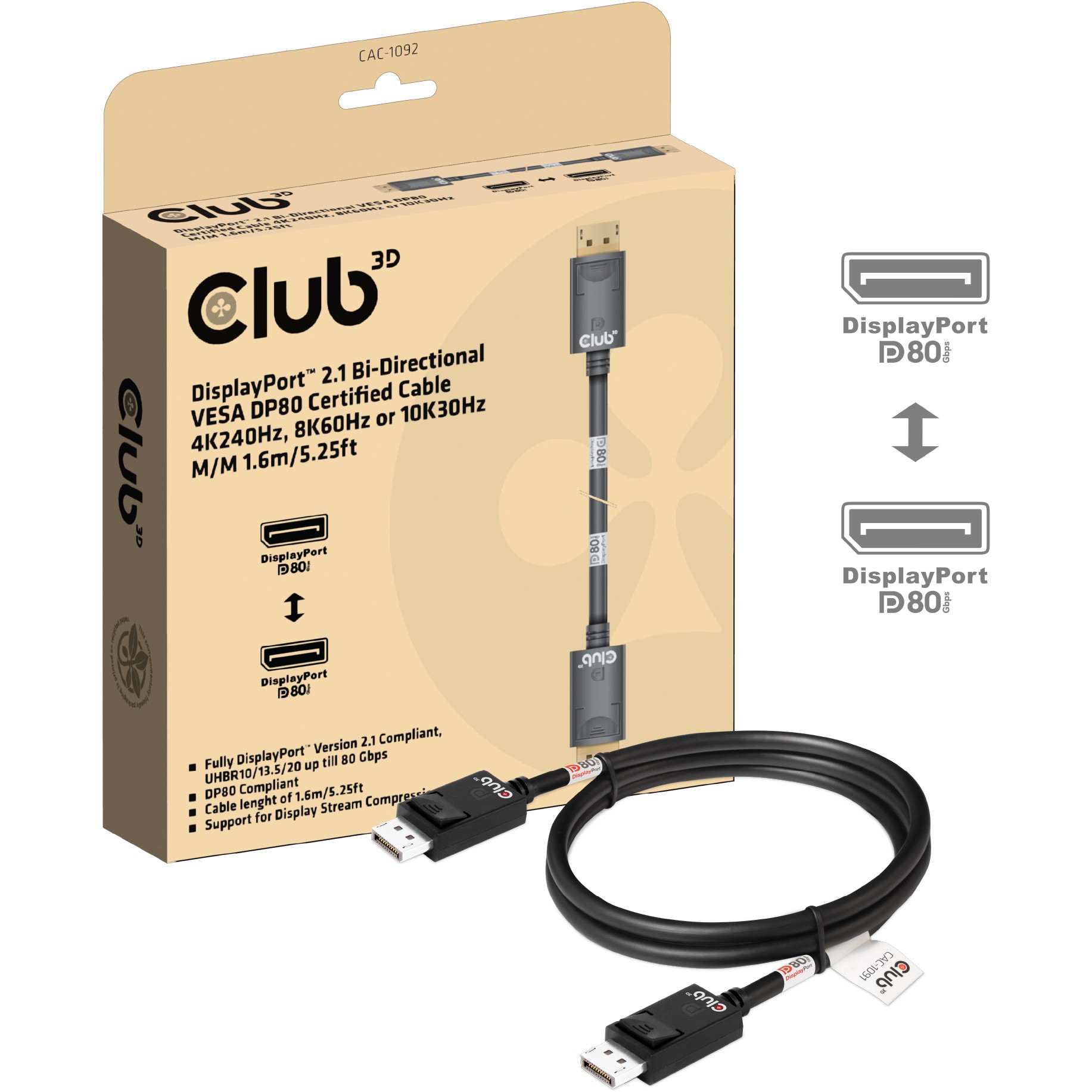 Club3D DP-Kabel 2.1 DP80 zertifiziert   1,6m 10K/8K/4K St/St retail