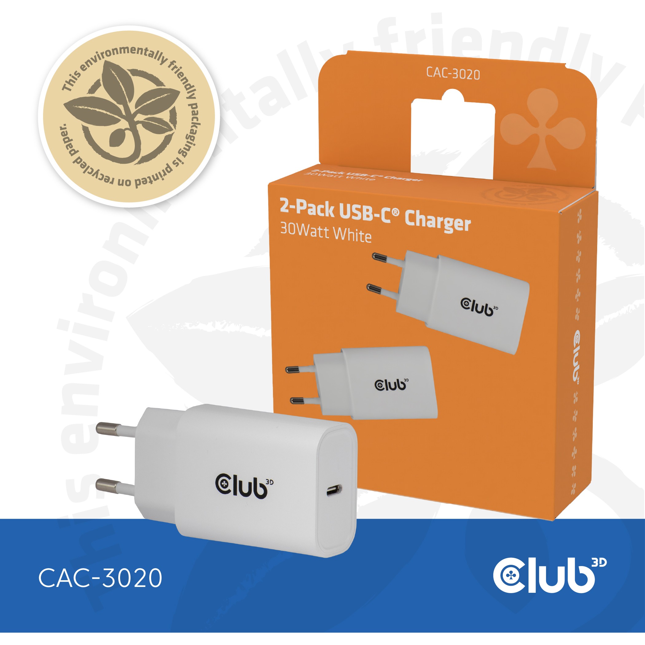 Club3D Lifestyle Ladegerät USB-C 30Watt, 2Stk  weiß retail