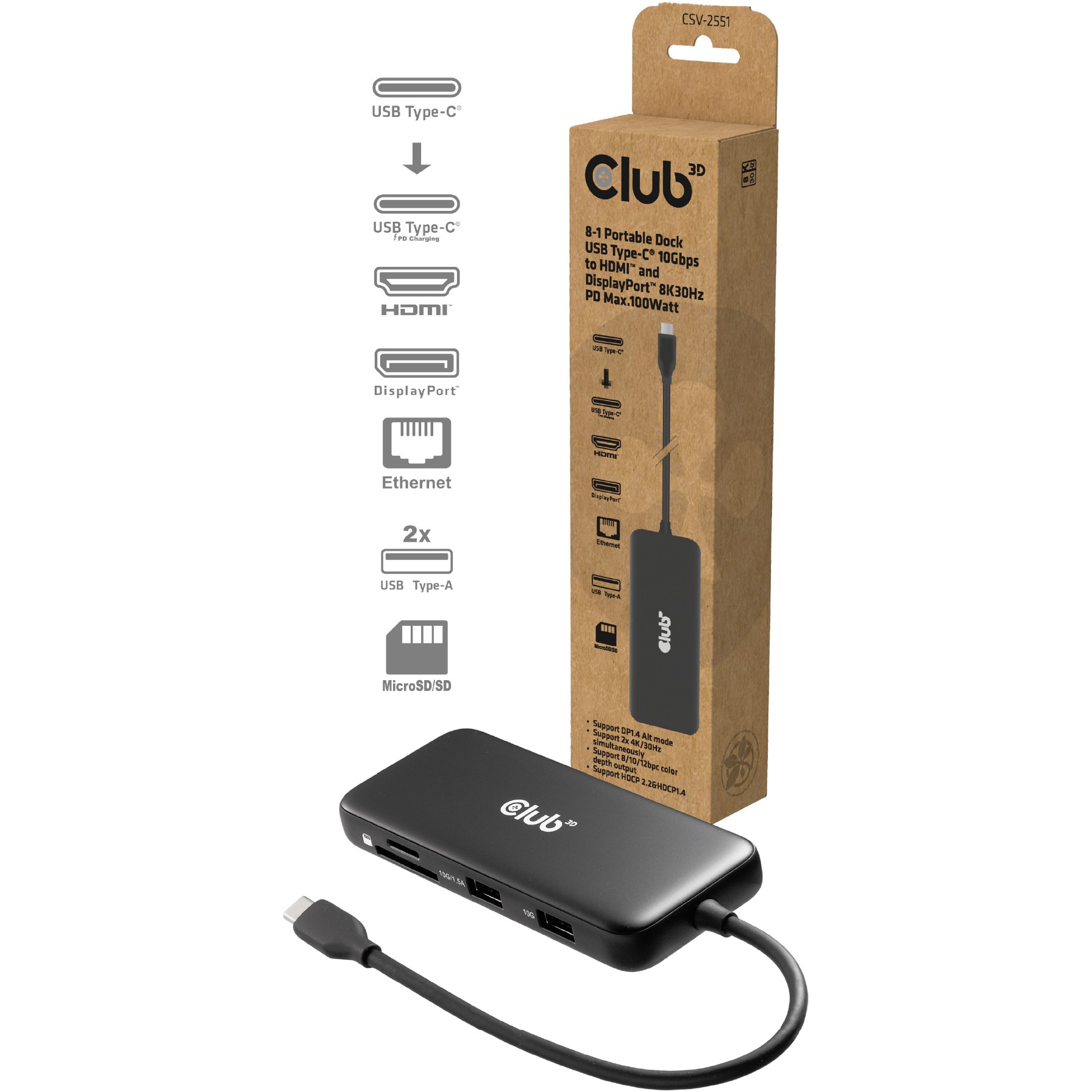 Club3D USB-C 8in1-HUB >DP1.4/HDMI2.0/USB-C/LAN 8K30Hz PD100W retail