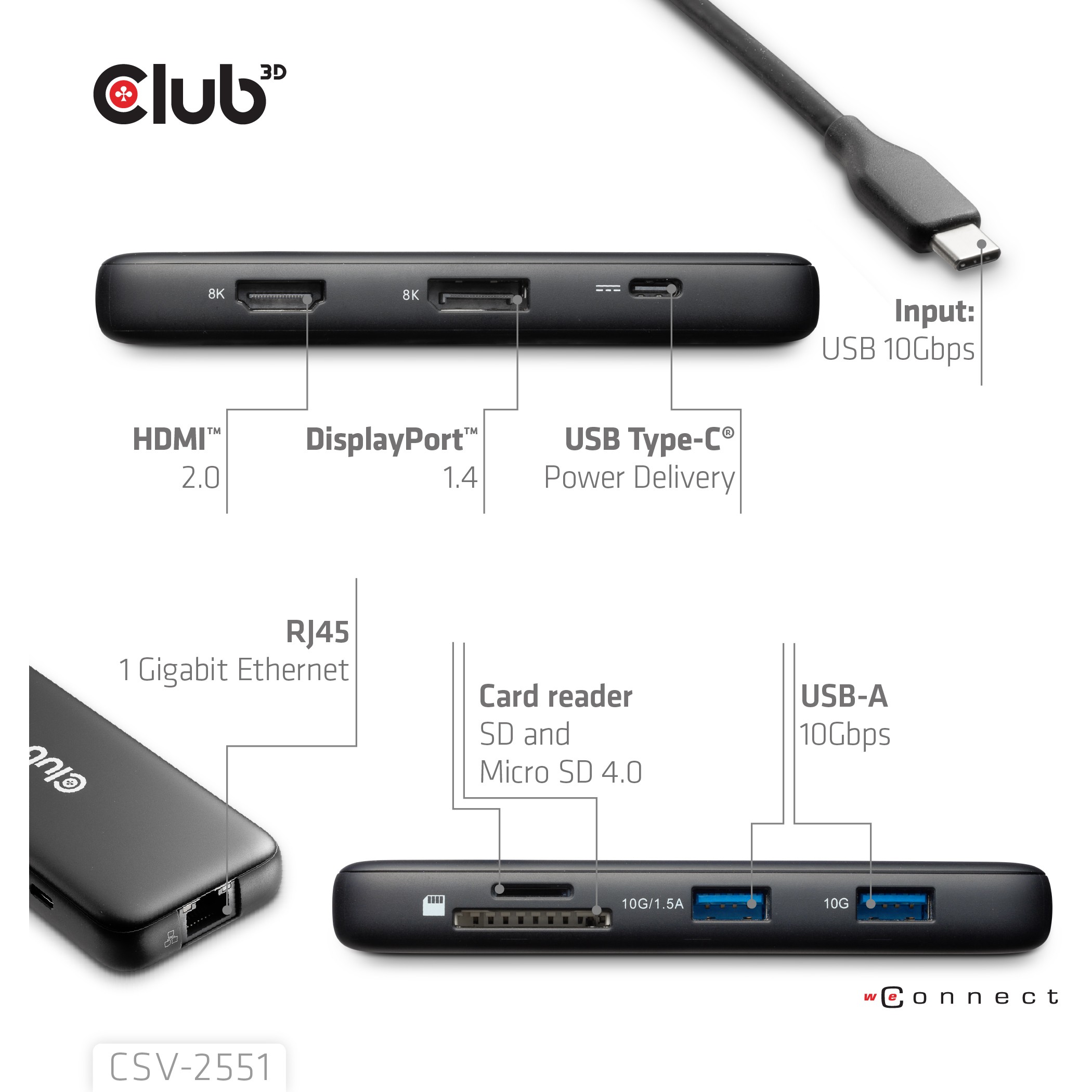 Club3D USB-C 8in1-HUB >DP1.4/HDMI2.0/USB-C/LAN 8K30Hz PD100W retail