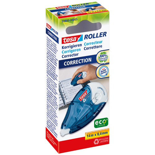 Tesa Korrekturroller 59880-00005-05 ecoLogo, blau/transparent, 8,4mm x 14m, nachfüllbar, in Karton 4042448110329 Tesa