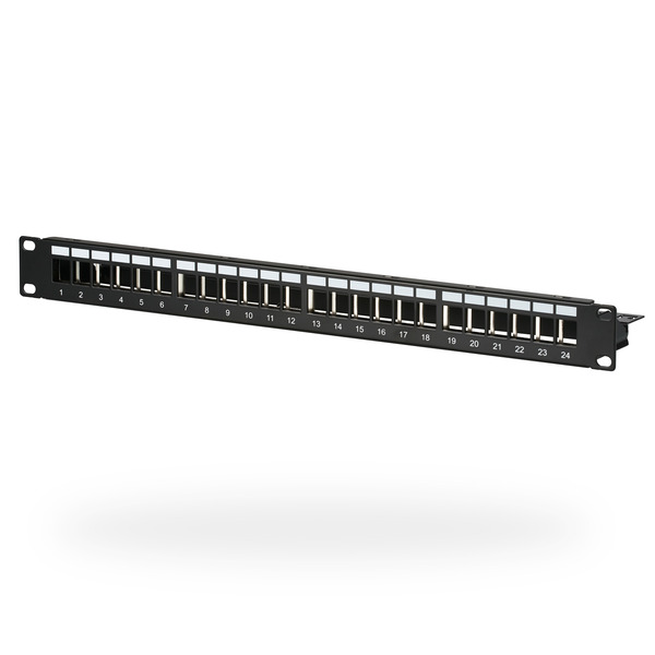 Verteilerfeld Patchpanel 19 Zoll 1HE, 24-Port, schwarz, ohne Keystone