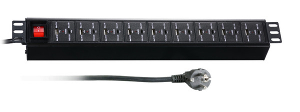 Steckdosenleisten 19? 1,5HE Steckdosenleiste 18 x USB mit, Schalter, schwarz - 1 VPE = 10 Stück