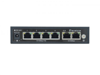 6-Port Fast Ethernet 4-Port PoE 802.3af, 250M PoE Auto checking