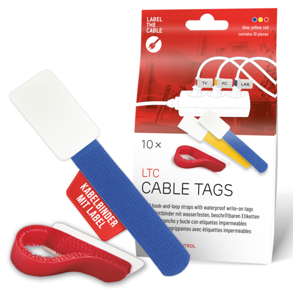 LTC CABLE TAGS Klettkabelbinder mit Beschriftung, 10 Stk Set 4xrot 3xblau 3xgelb