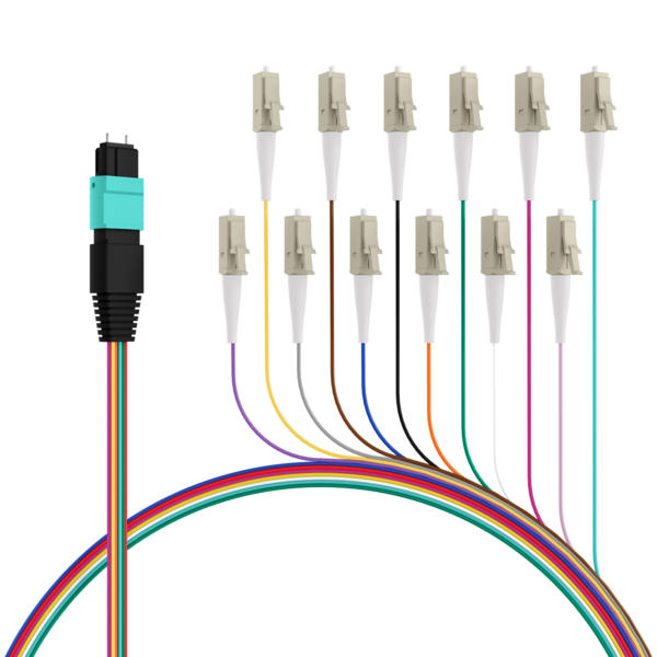 MPO-PLUS®(M)-LC Fanoutkabel OM3 12 Fasern, Typ B LSZH aqua 1m