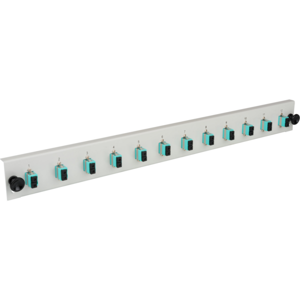 Bestückte Frontblende mit 12 x LC Duplex, Kupplung OM4, grau