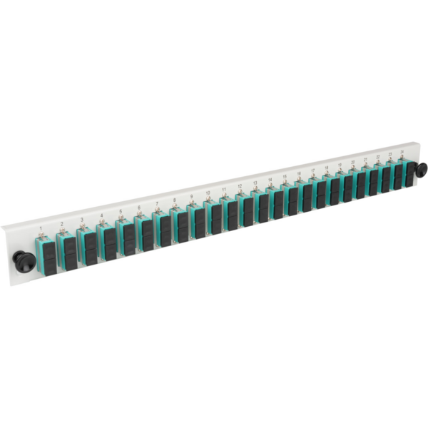 Bestückte Frontblende mit 24 x SC Duplex, Kupplung OM4 vertikal, grau