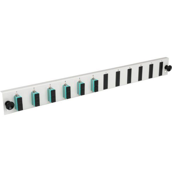 Bestückte 12 Port Frontblende mit 6 x SC, Duplex Kupplung OM4 vertikal, grau