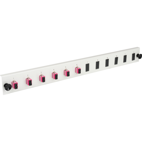 Bestückte 12 Port Frontblende mit 6 x LC, Duplex Kupplung OS2 vertikal, grau