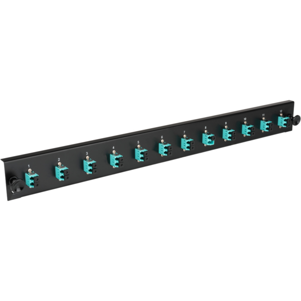 Bestückte Frontblende mit 12 x LC Duplex, Kupplung OM4, schwarz