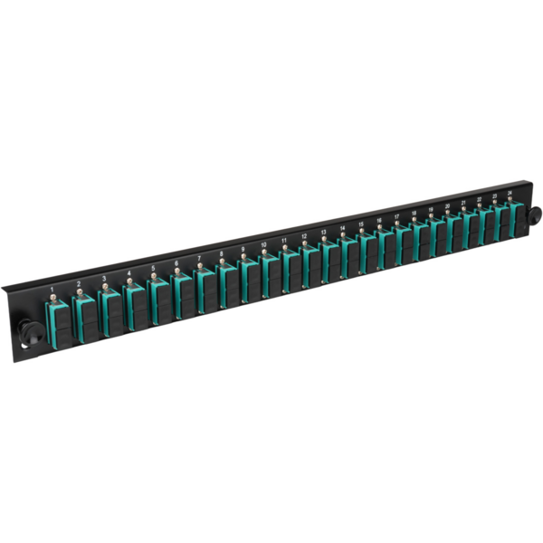 Bestückte Frontblende mit 24 x SC Duplex, Kupplung OM4 vertikal, schwarz