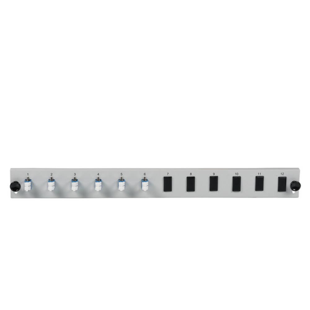 Glasfaser Verteiler Bestückte 12 Port Frontblende mit 6 x LC, Duplex Kupplung OS2 vertikal, schwarz - 1 VPE = 50 Stï¿½ck