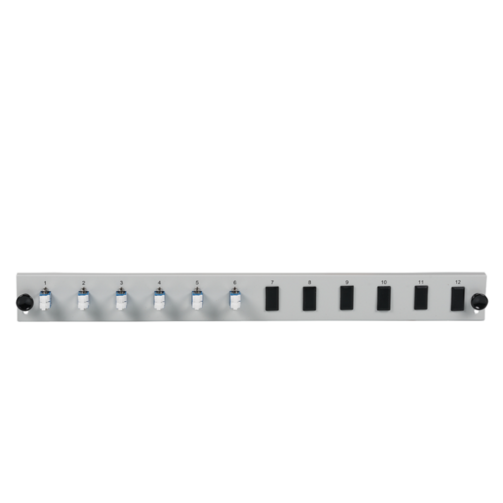 Glasfaser Verteiler Bestückte 12 Port Frontblende mit 6 x LC, Duplex Kupplung OS2 vertikal, schwarz - 1 VPE = 50 Stï¿½ck