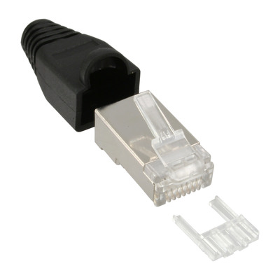 100er Pack InLine® Crimpst. RJ45 gesch., m. Knicksch. & Einfädelh., schwarz bulk (Produktbild 1)