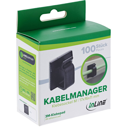 100er Pack InLine® Kabelmanager Klebesockel M, Nylon, 3M-Klebepad, schwarz